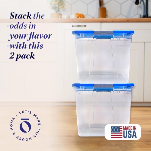 HOMZ 2-Pack Clear Plastic Storage Organizer Bins - 64 Quart Stackable Containers with Blue Lids for Home & Office