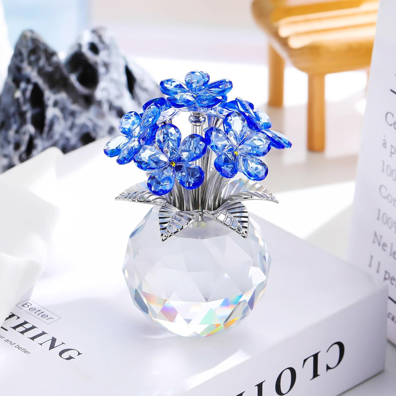 YWHL Blue Crystal Forget-Me-Not Flowers | Handmade Glass Bouquet Figurine for Tabletop Decor