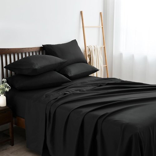 Linenline Full Sheet Set - Cooling Rayon Bamboo Sheets | 6-Piece Luxury Set, 16" Deep Pocket, Black