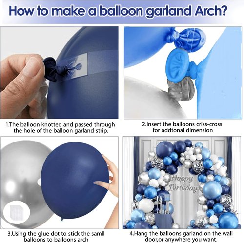 Blue White Silver Balloons Arch Kit - Navy Blue & White with Metallic Confetti for Graduation & Parties