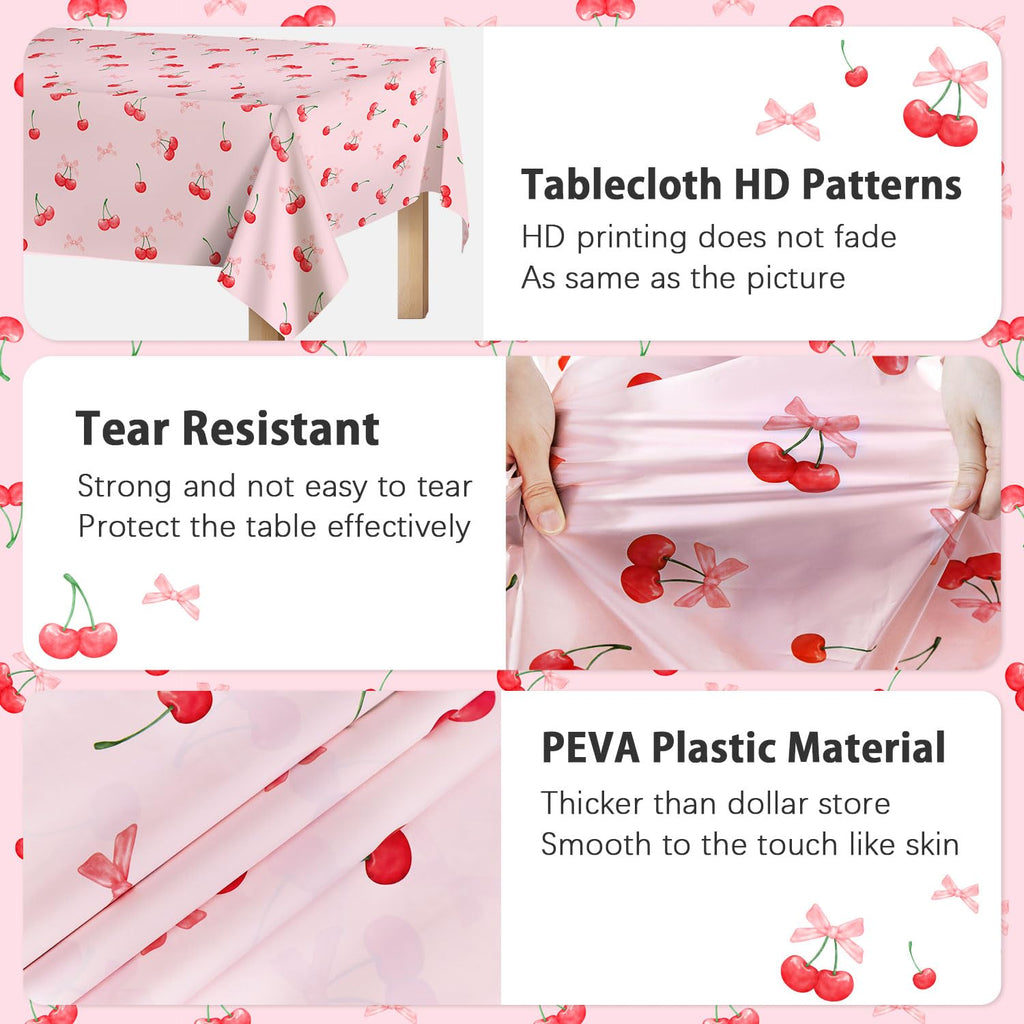 3pcs Cherry Birthday Decorations Tablecloths, Large Size Cherry and Bows Birthday Decorations Table Cloth for Cherries Themed Party, 54 x 108 Inch