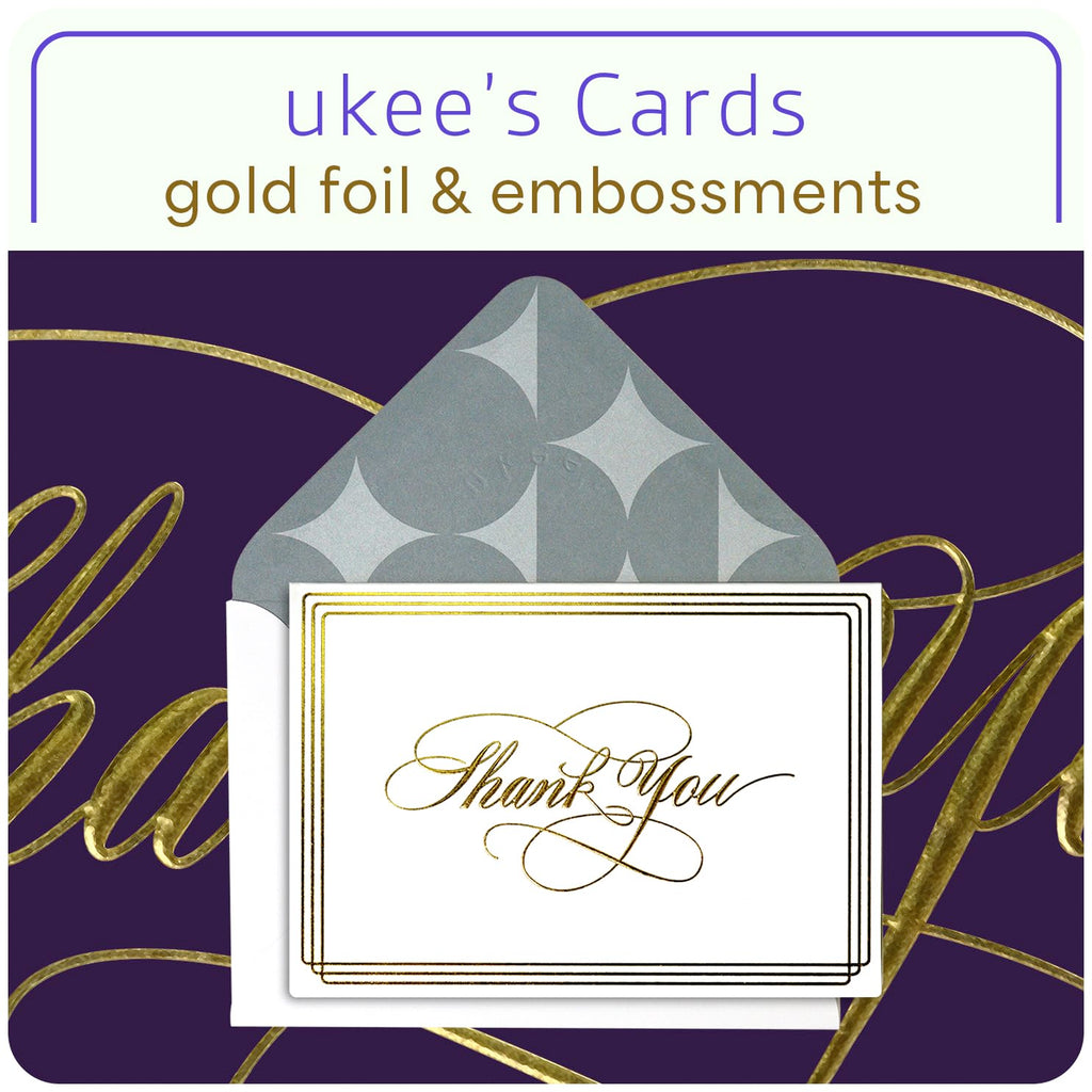 ukee's Thank You Cards with Envelopes 100-Pack, Blank Inside 4-Color Embossed Gold Foil Script Thank You Notes with Matching Stickers, for Small Business Graduation Wedding Baby Shower Funeral, 3.5"x 5"