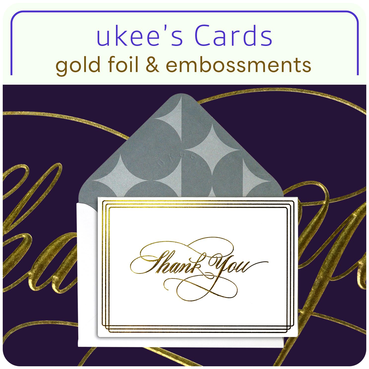 ukee's Thank You Cards with Envelopes 100-Pack, Blank Inside 4-Color Embossed Gold Foil Script Thank You Notes with Matching Stickers, for Small Business Graduation Wedding Baby Shower Funeral, 3.5"x 5"