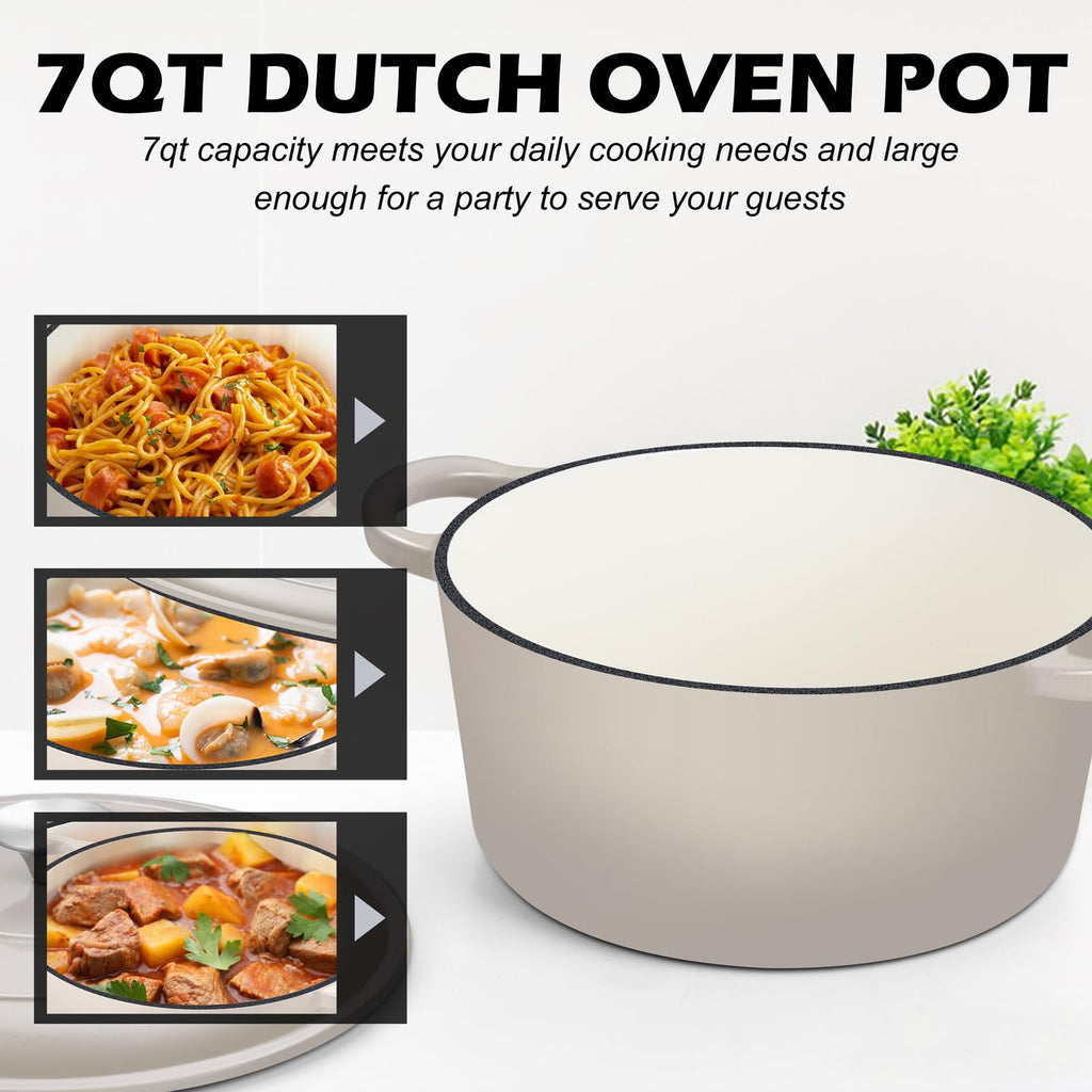 TeamFar Enameled Cast Iron Dutch Oven, 7qt Dutch Oven Pot Nonstick Cookware with Lid & Dual Handles for Bread Baking, Cooking, Oven Safe up to 500℉ & Various Stovetops, Healthy & Heavy Duty - Khaki