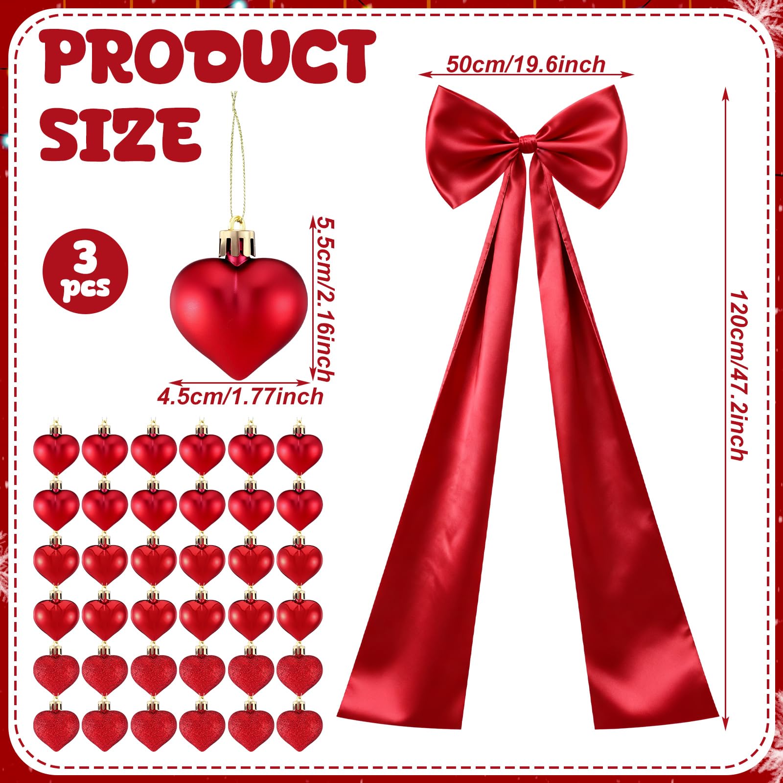 CraftyDream Valentine's Day Tree Topper Giant Bow Decor Satin 47.2 Inch with 36 Pcs Heart Ornaments Romantic Tree Decorations Ribbon Topper Bow Large Outdoor for Home Valentine's Hanging Decor(Red)