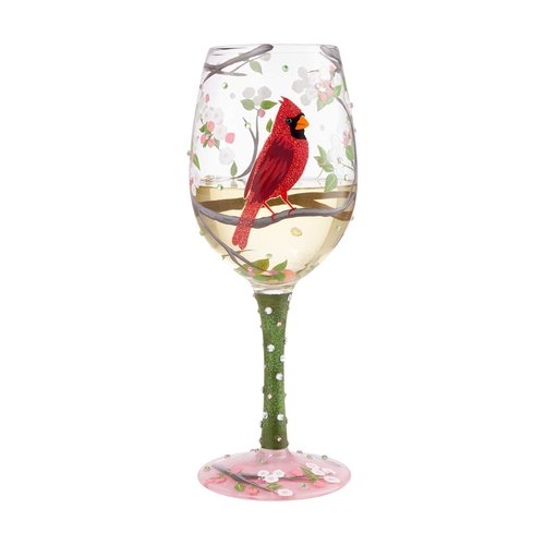 Enesco Designs by Lolita Cardinal Bird with Cherry Blossoms Beauty Artisan Hand-Painted Wine Glass, 15 Ounce, Multicolor