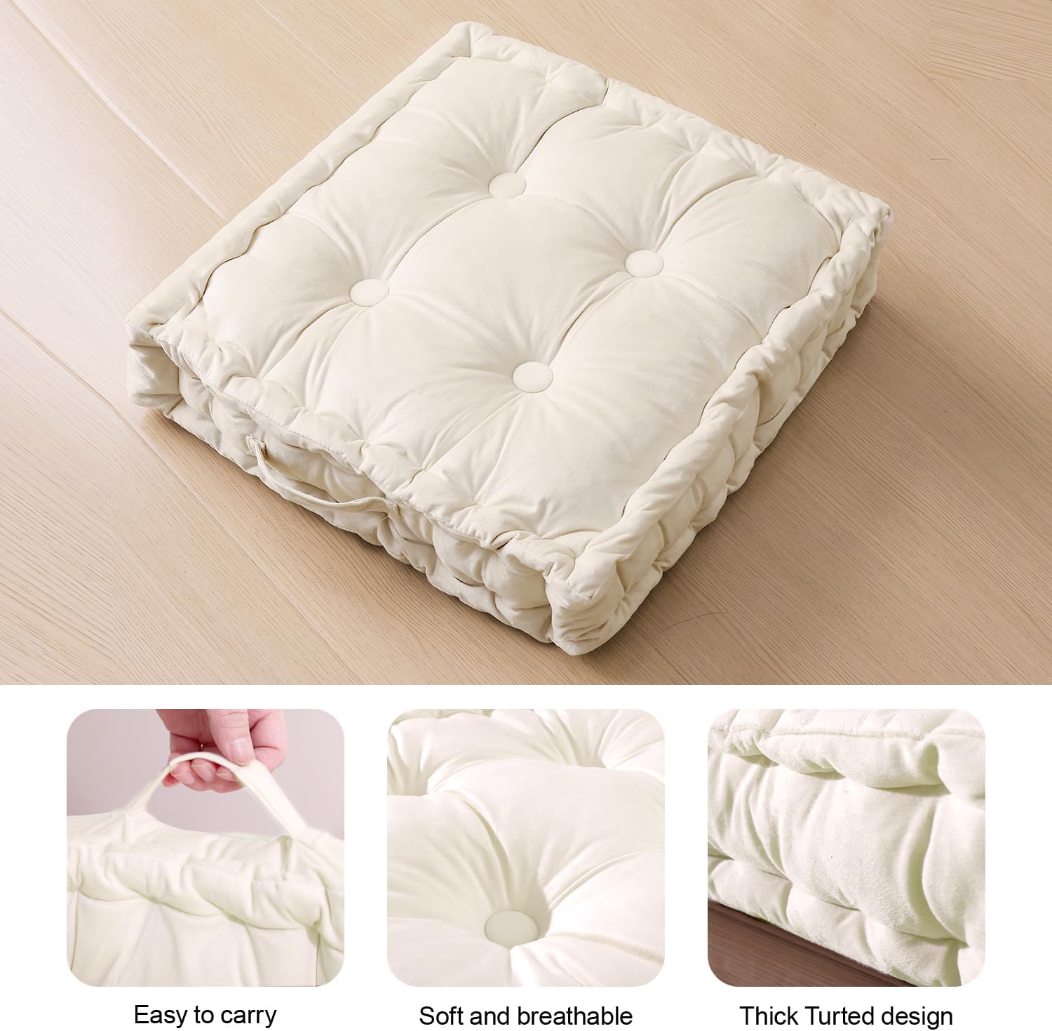 Skiennix Large Square Floor Pillow - Comfortable Meditation Cushion with Shredded Memory Foam | 20"x20"x5" Ivory