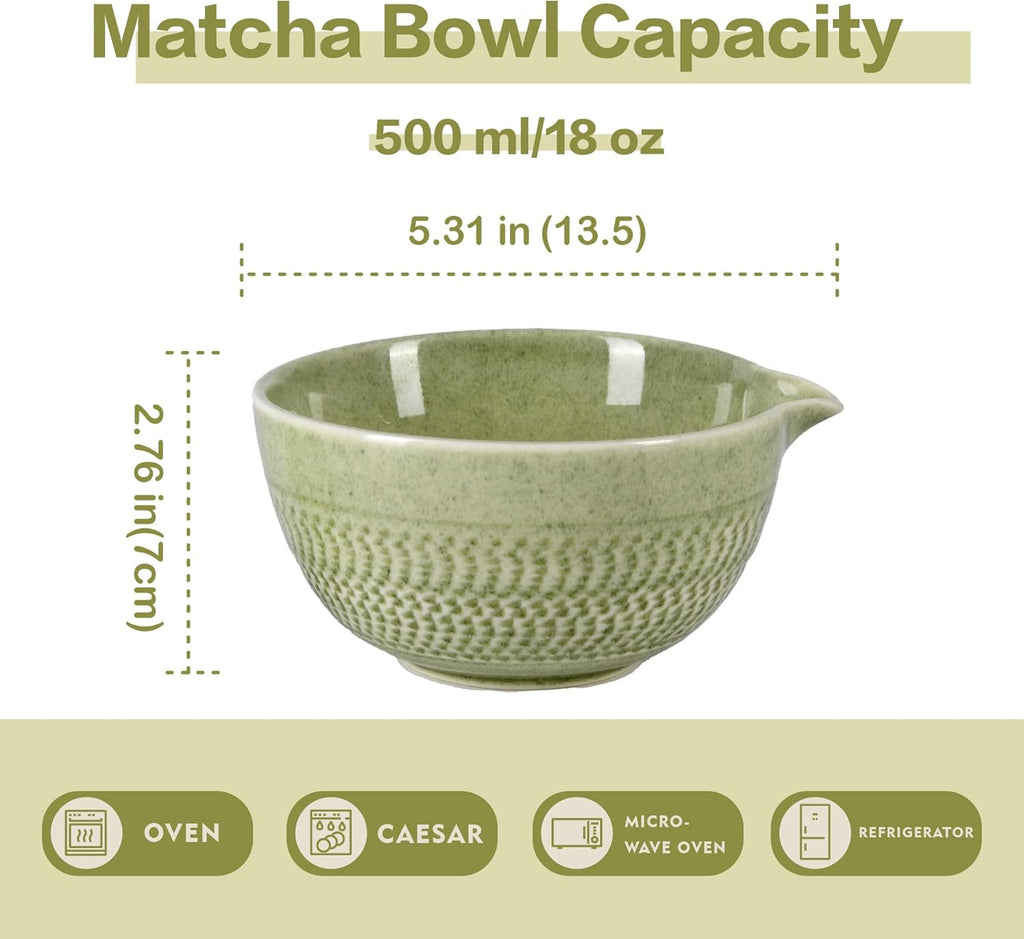 Skiennix Matcha Bowl - 500 ml Ceramic Chawan with Spout for Mixing Matcha, Salad, Soup & Tea | Matcha Green