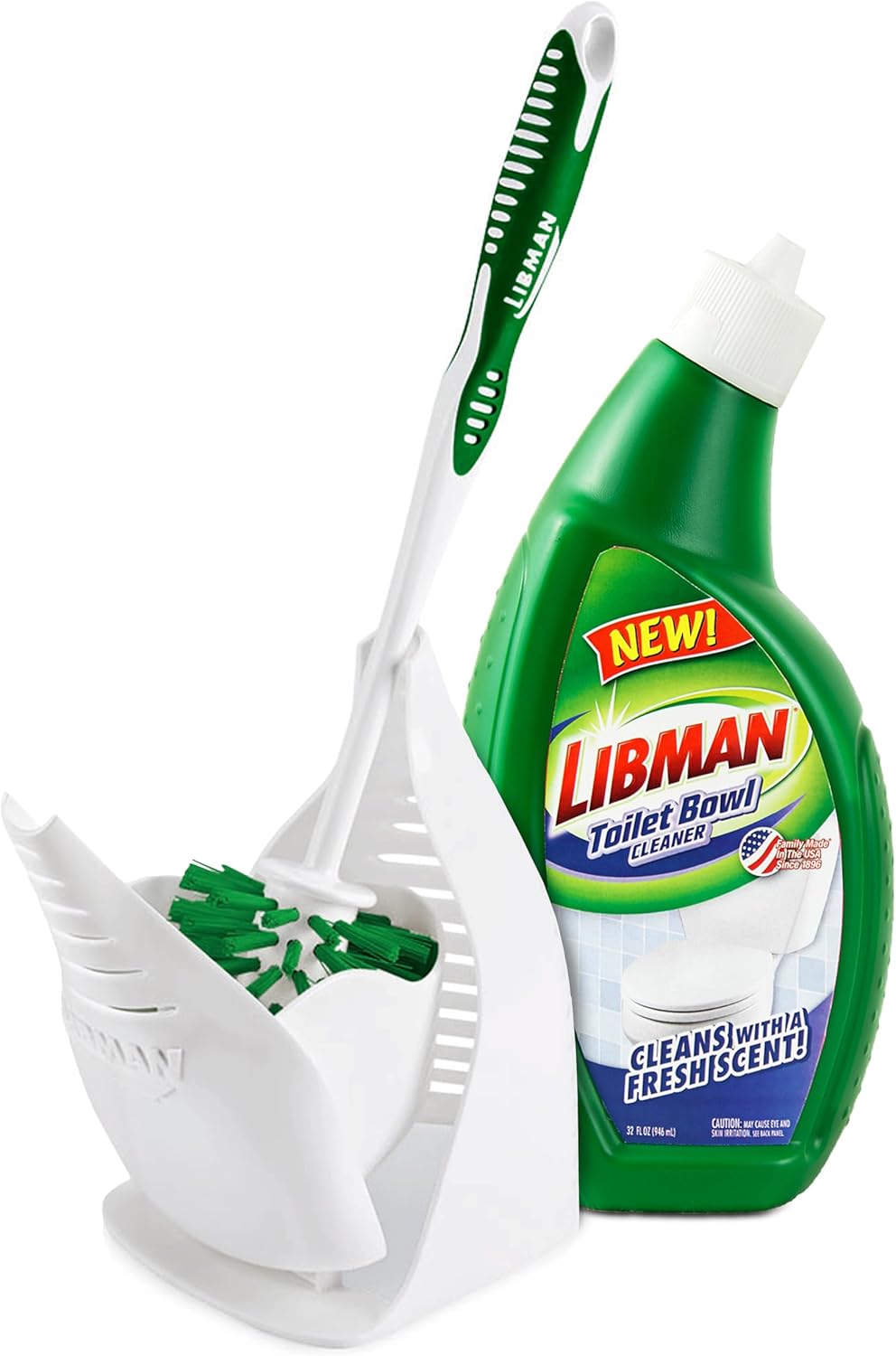 Tribello Toilet Brush and Holder Set - Fast Drying Caddy with 32 fl. oz. Stain Remover Soap