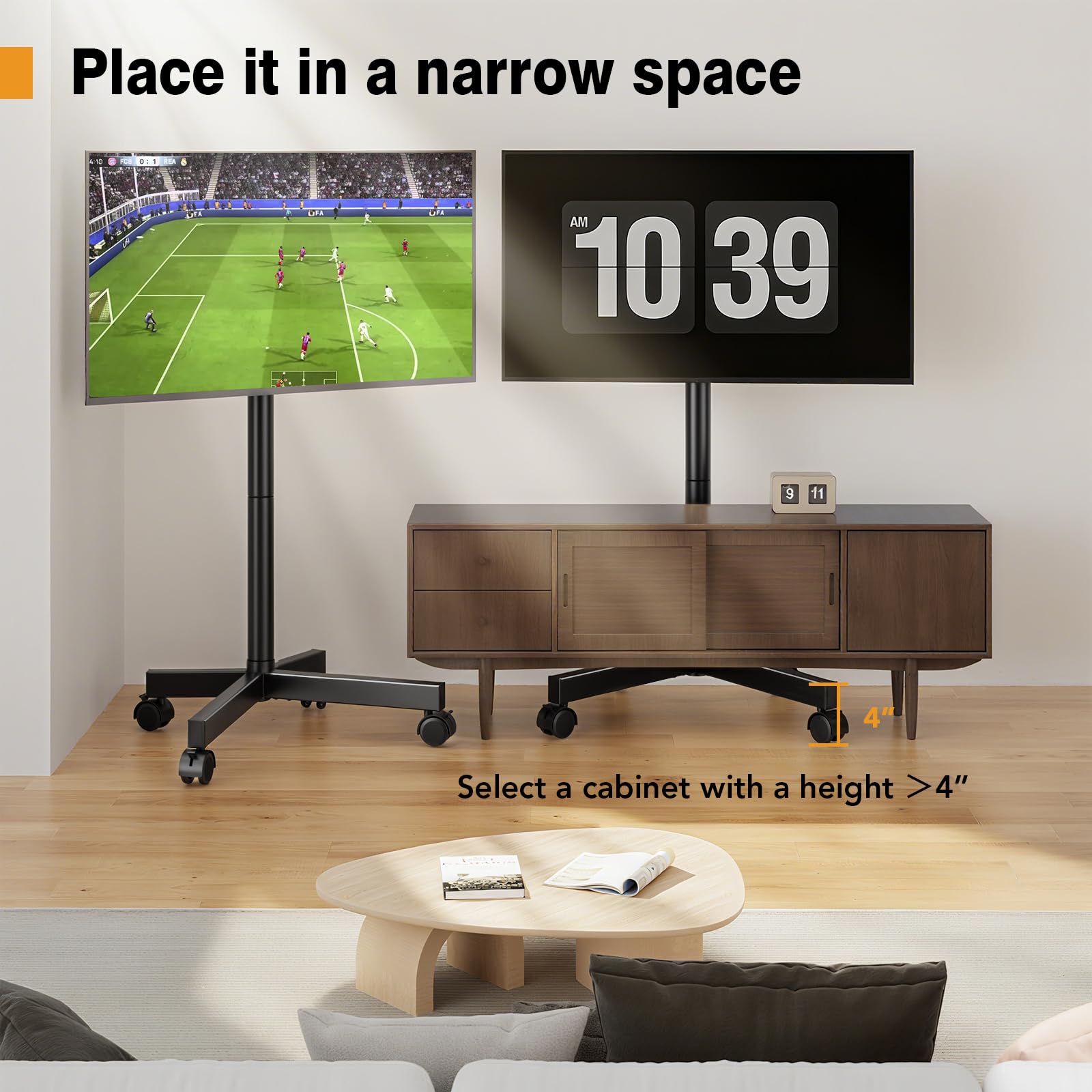 Hemudu Mobile TV Stand for 23-60 Inch LCD LED Flat/Curved Screen TVs, TV Cart Holds up to 77Lbs, Rolling TV Stand with Tilt and Height Adjustable, Pole TV Floor Stand with Wheels Max VESA 400x400mm