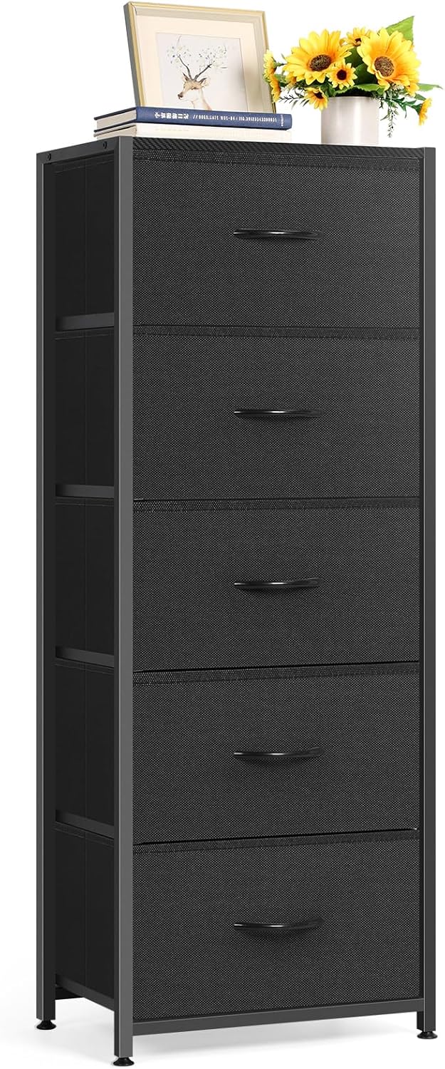 MOOACE 5-Drawer Dresser - Tall Fabric Storage Unit with Wooden Top - Black Metal Frame for Bedroom & Living Room