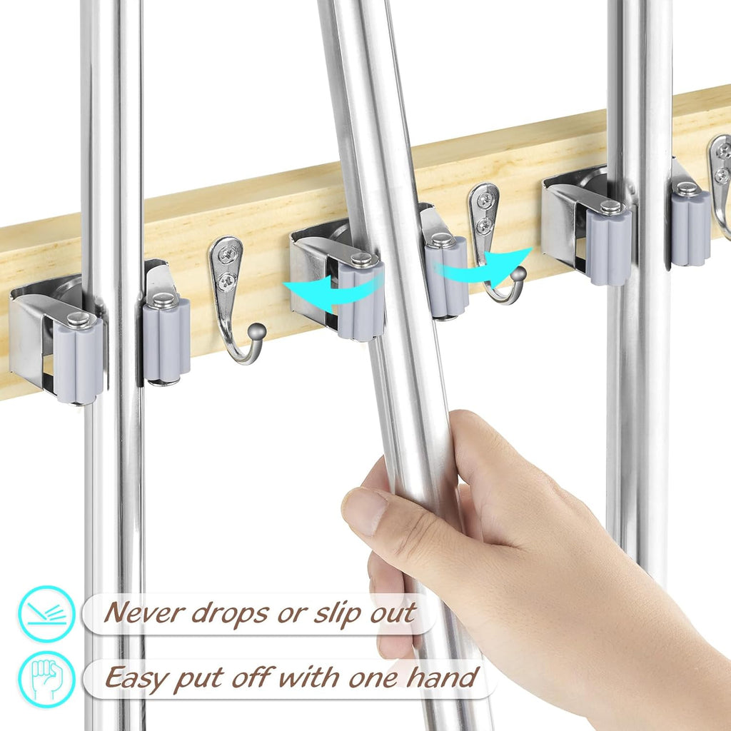 OUTNILI Mop and Broom Holder Wall Mount - Light Wood Organizer with 4 Slots & Hooks for Garage, Closet, Kitchen