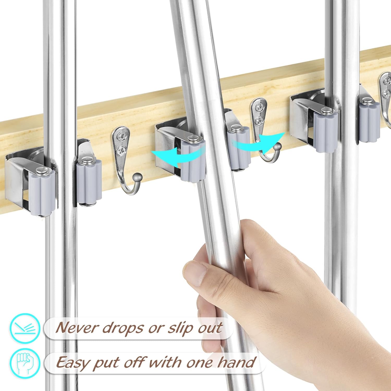 OUTNILI Mop and Broom Holder Wall Mount - Light Wood Organizer with 4 Slots & Hooks for Garage, Closet, Kitchen