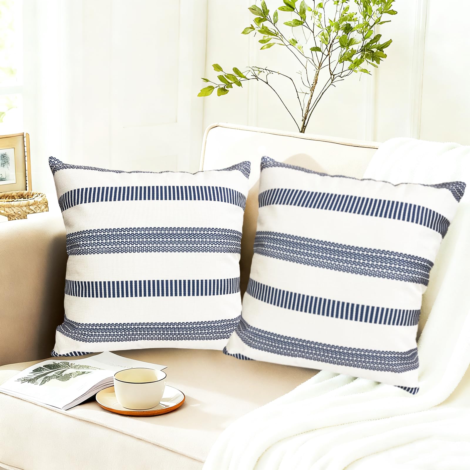 RYSMIYOU Decorative Throw Pillow Covers Set of 2 Blue Boho Striped Pillow Covers 18x18 Inch Throw Pillow Cover Linen Pillowcase Farmhouse Outdoor Pillow Covers for Couch Sofa Bed Living Room