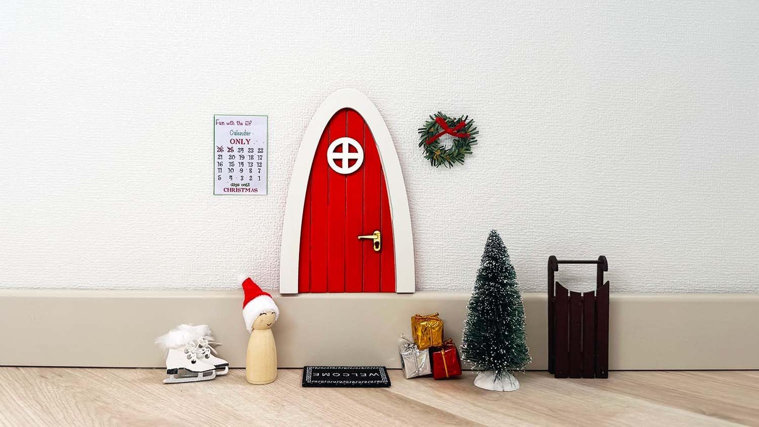 Tonttuovi Christmas Elf Door Kit - Wooden Elf Door with Accessories, Mini Tree & Wreath | 24 Days of Fun Activities