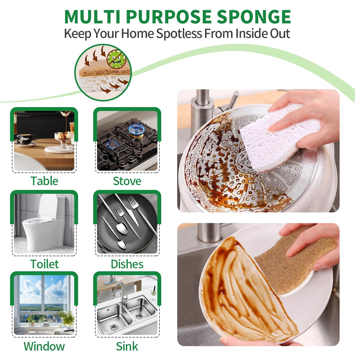Sponges Kitchen Natural Dish Sponge Plant-Based Biodegradable Compostable Cellulose with Coconut Scrubber Sponge Non Scratch Eco Friendly Kitchen sponges for Kitchen Dishes（Pack of 12）