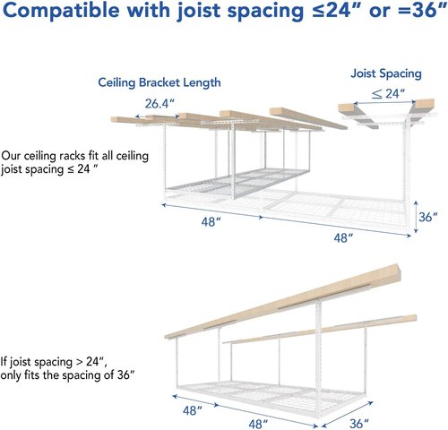 FLEXIMOUNTS Overhead Garage Storage Rack - Adjustable Heavy-Duty Metal | 3x8, 750lbs Capacity, White