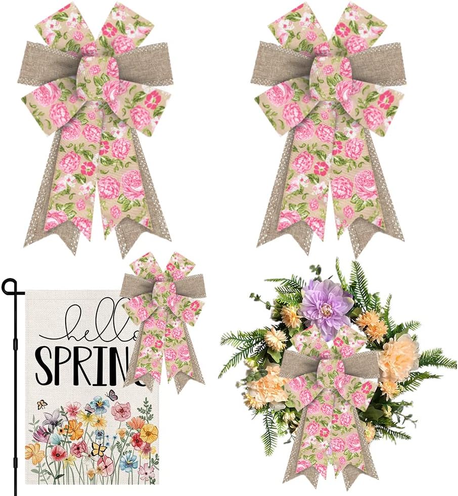 Skiennix Spring Wreath Bows - Pink Roses & Burlap Design | 2-Piece Set for Indoor/Outdoor Decor