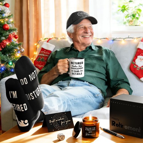 Cabtnca 8 Pcs Retirement Gifts for Men Funny Retirement Gift for Men 2026, for Coworker Dad Boss Grandpa Teachers, Includes Mug Hat Candle Socks Dice Pen Greeting Card, Retired Gifts for Man