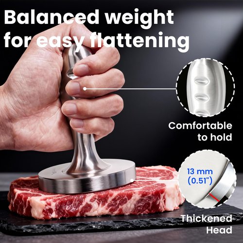 304 Stainless Steel Meat Pounder Tenderizer Tool, Solid Meat Pounder Flattener Comfort Handle, Heavy Duty Tenderizer Mallet for Steak, Beef, Chicken, Pork, Dishwasher Safe
