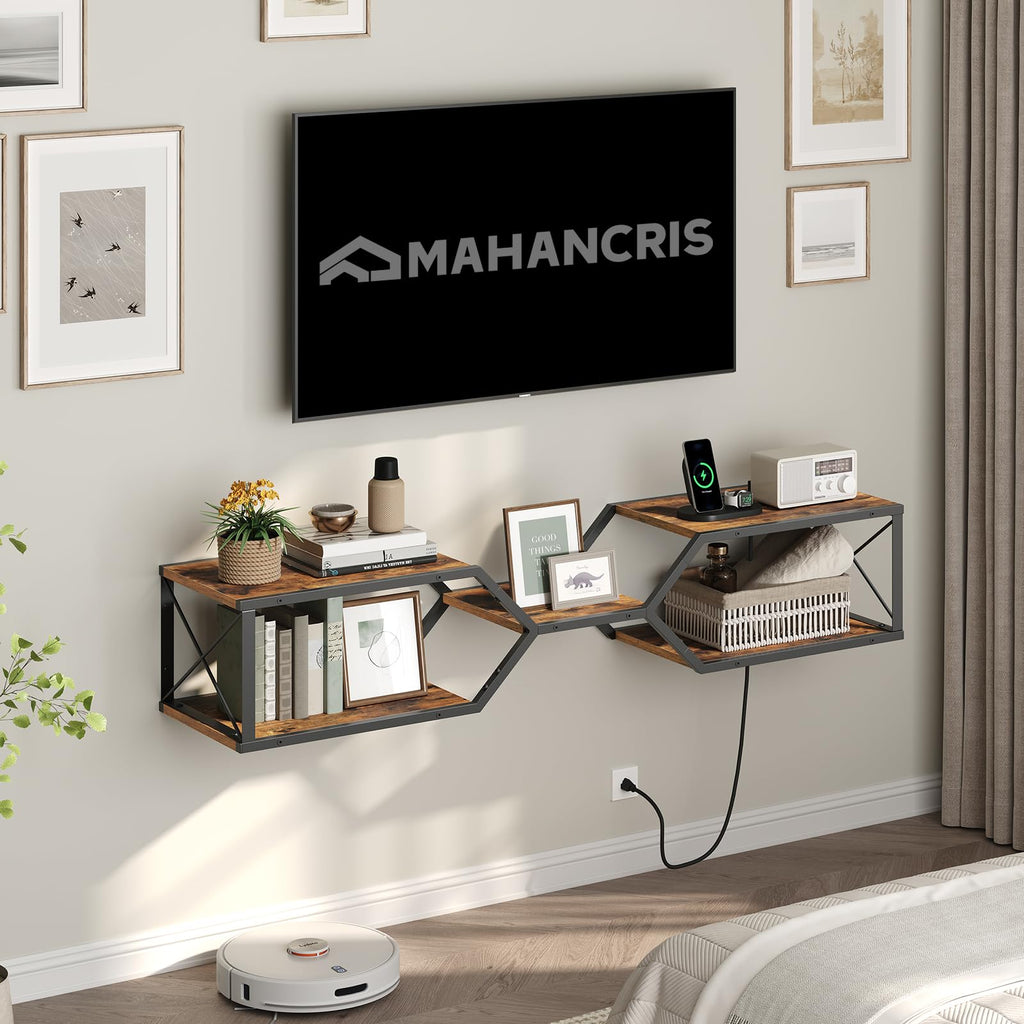 MAHANCRIS Floating TV Stand with Power Outlet, Wall-Mounted TV Shelf with X-Shaped Frame, Floating Entertainment Center with Storage, for Living Room, Bedroom, Black TVBK301E01