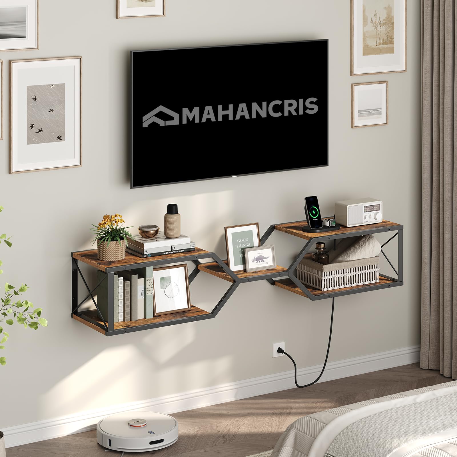 MAHANCRIS Floating TV Stand with Power Outlet, Wall-Mounted TV Shelf with X-Shaped Frame, Floating Entertainment Center with Storage, for Living Room, Bedroom, Black TVBK301E01
