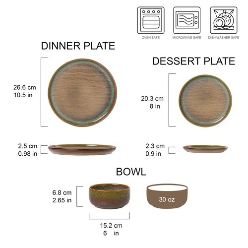 Joseph Sedgh Collection “Alyssa” 12-Piece Stoneware Dinnerware Set with Reactive Glaze Finish, Service for 4, Brown Reactive Glaze