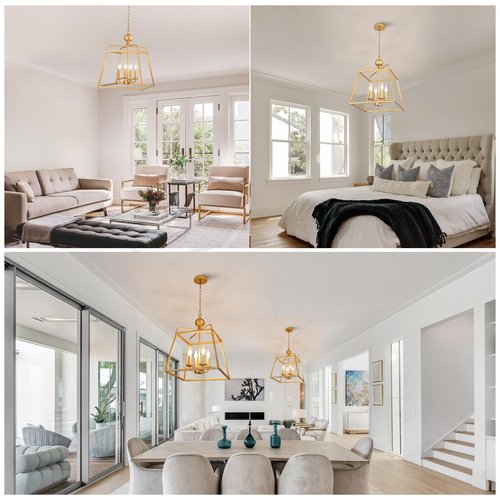 15.7 Inch Gold Farmhouse Chandeliers for Dining Room, 4-Light Dining Light Fixture with E12 Base, Adjustable Height Kitchen Chandeliers Over Table, Chandelier Light for Kitchen Island Foyer Hallway