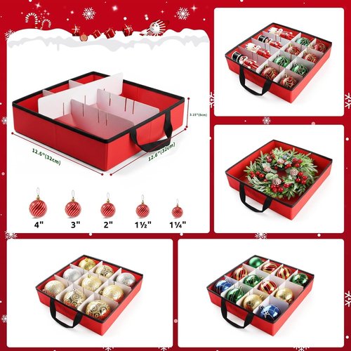 EverMerry Christmas Ornament Storage Box - Large Sturdy Container with Adjustable Dividers & 8 Trays (Red)