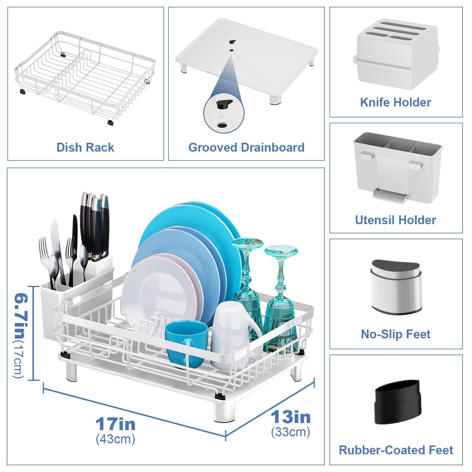 MOUKABAL Dish Drying Rack, Dish Rack, Stainless Steel Dish Racks for Kitchen Counter, Dish Drainer with Removable Utensil Holder, Drainboard (White,13''W x 17''L)