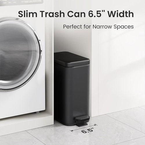 Cesun Bathroom Trash Can - 2.6 Gallon Black Waste Basket with Soft Close Lid & Step Pedal