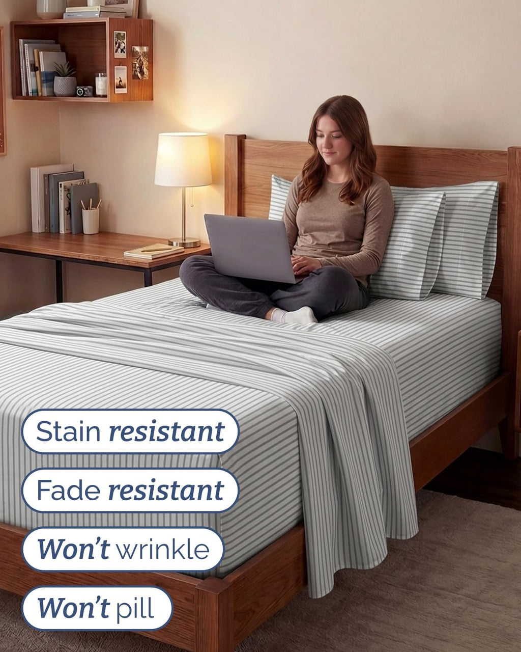 Skiennix Extra Deep Twin XL Sheet Set - 4-Piece Breathable Cooling Bedding - Soft, Wrinkle-Free Grey Stripes