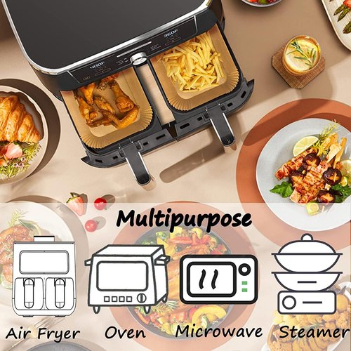 HONYAO Air Fryer Paper Liners for Dual Zone Airfryer, 200pcs Rectangle Disposable Inserts for Ninja Foodi DZ201 DZ401 DZ550 other 8-10 qt 2-Basket Air Fryers, Food Grade BPA Free (9'' x 6'' on Top)