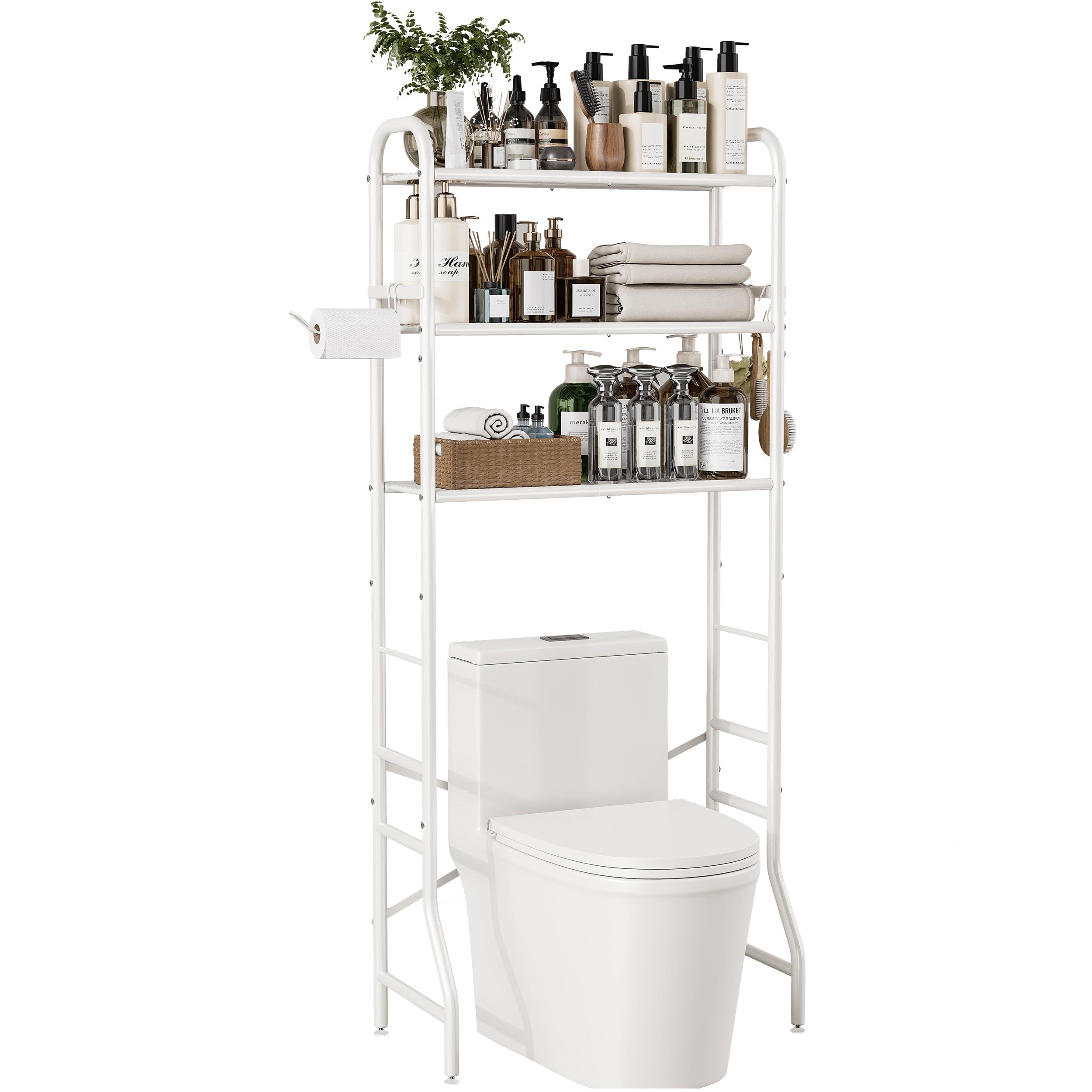 Tujurich Over The Toilet Storage Rack, 3-Tier Metal Bathroom Organizer with Hooks, Over The Toilet Storage Cabinet, Space Saver Shelf for Bathroom, White, 23.6" x 13.0" x 63.4"