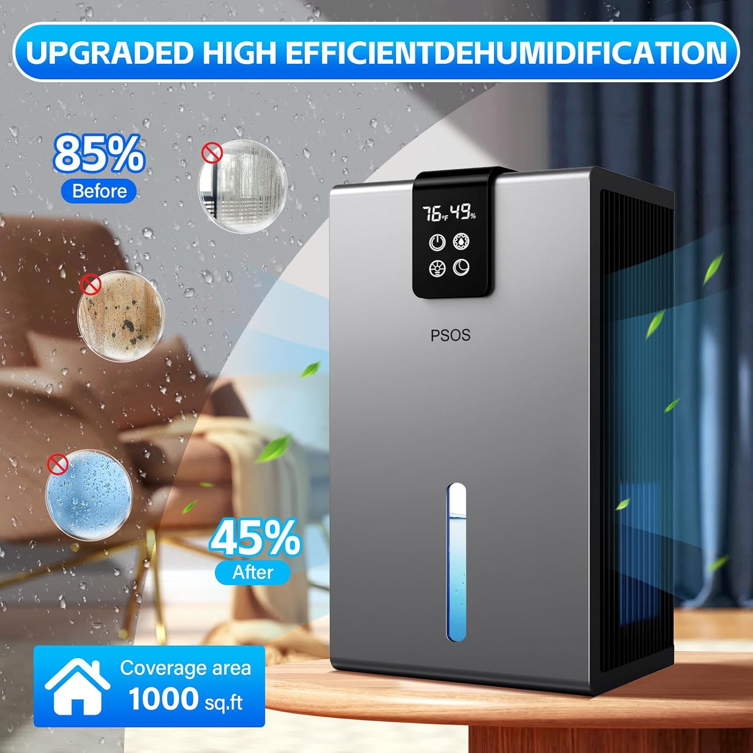 Skiennix Dehumidifier - Quiet 98 OZ Water Tank for Home | 1000 sq.ft Coverage with Humidity Display & Auto Shut Off - Gray
