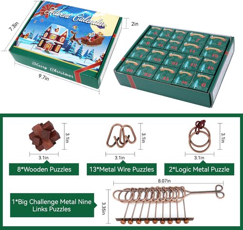 Advent Calendar 2025 - Christmas Countdown Gift Box with 24 Brain Teaser Puzzles for All Ages