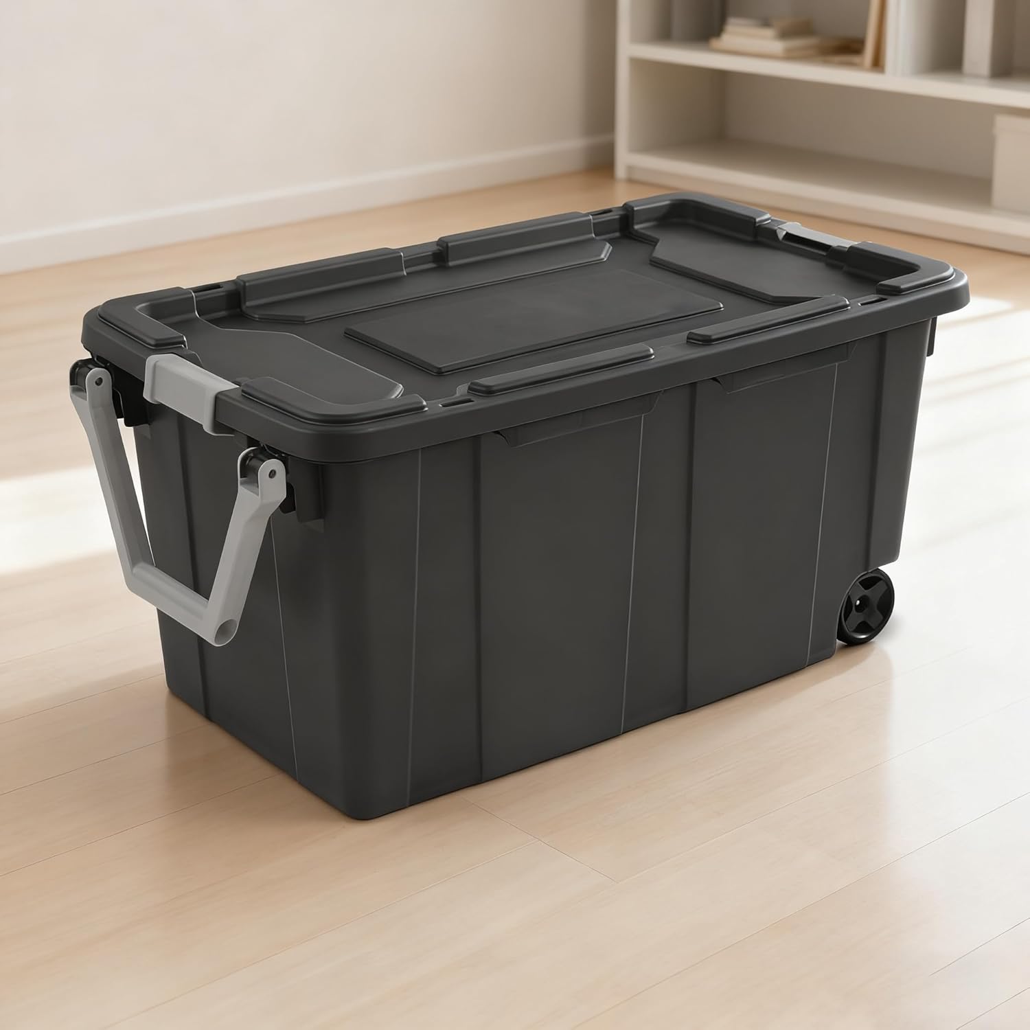 Rugged 40 Gallon Wheeled Industrial Tote by [Brand Name] - Durable Plastic Storage Bin with Latch Lid, Dark Gray
