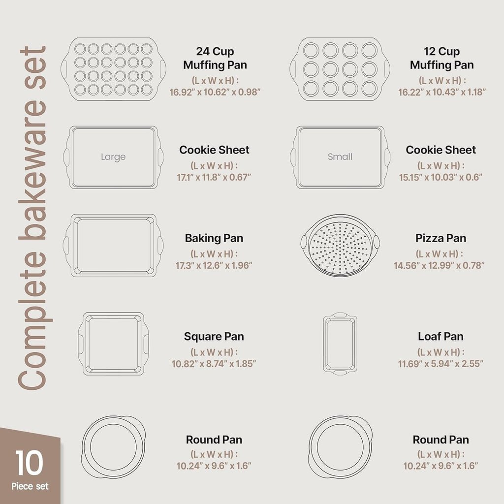 BAKKEN Nonstick Carbon Steel Baking Pans Set - 10-Piece Bakeware with White Silicone Handles, Oven Safe to 450°F