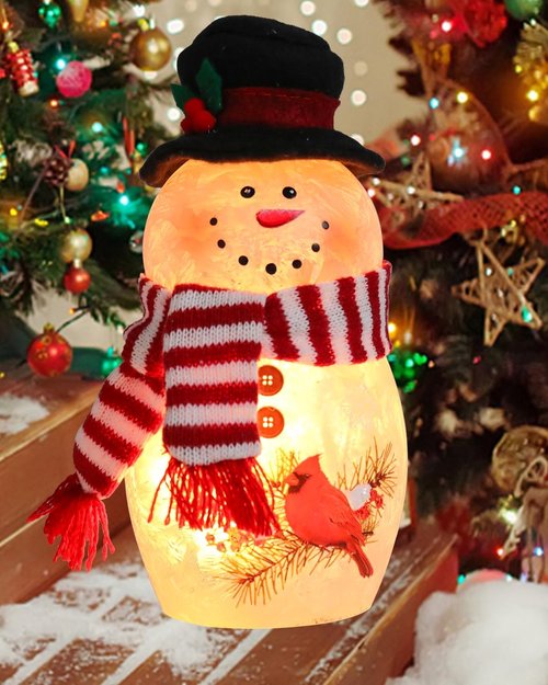Bdor Snowman Christmas Decoration - 6.3 Inch Glass Figurine with Cardinal & Red Scarf for Holiday Décor