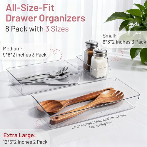 Clear Plastic Drawer Organizer Bins by Skiennix - 8 Pack Heavy Duty Storage Trays for Kitchen & Bathroom