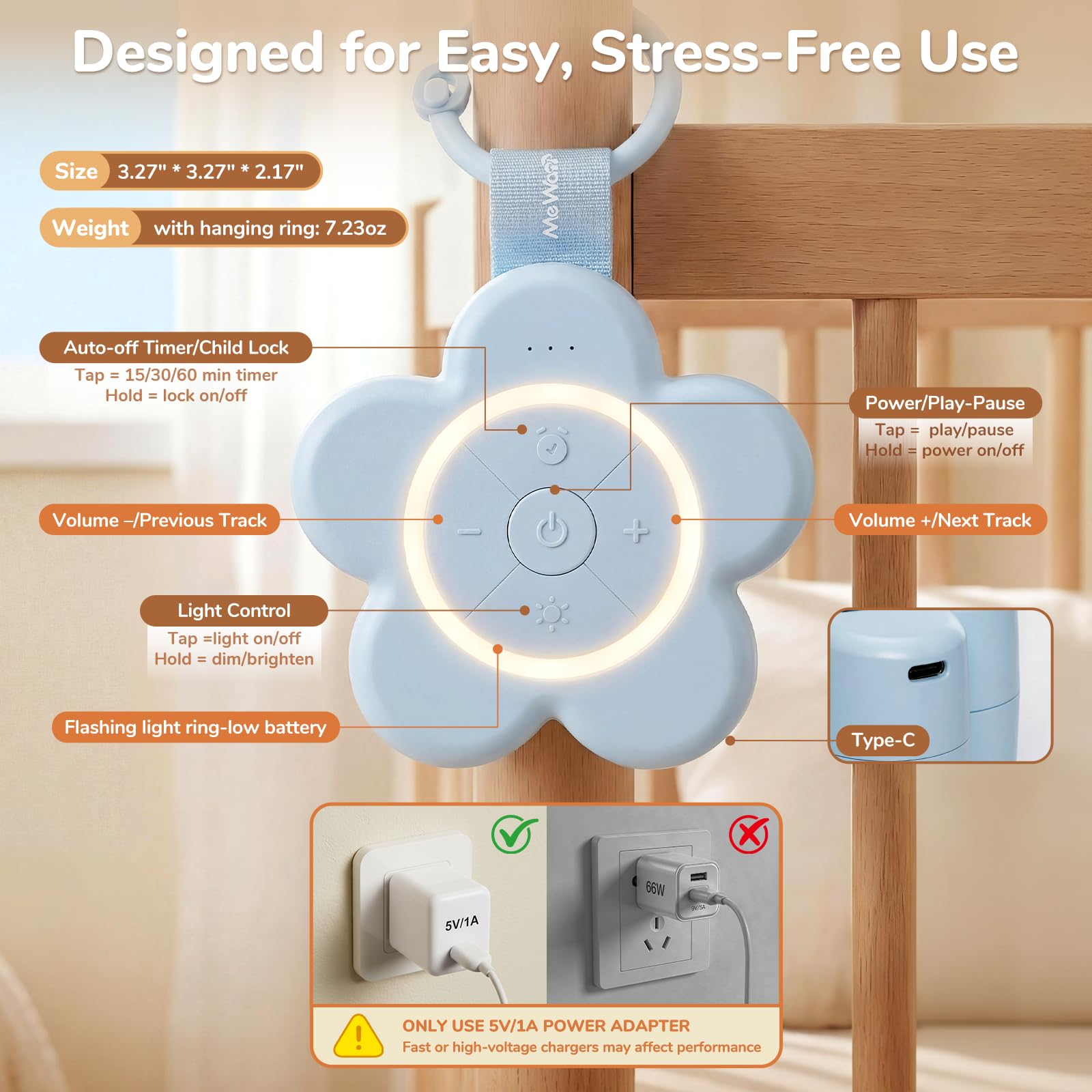 Mewaii Portable White Noise Sound Machine Baby | 25 Soothing Sounds | Rechargeable Travel Sound Machine for Kids with Night Light | Newborn Essentials Shower Gift | Nursery, Home, Sleep Aid (Blue)