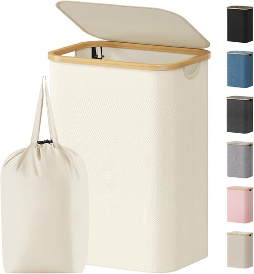 Lifewit 80L Laundry Basket - Foldable Hamper with Lid & Bamboo Handles | Removable Bag, White