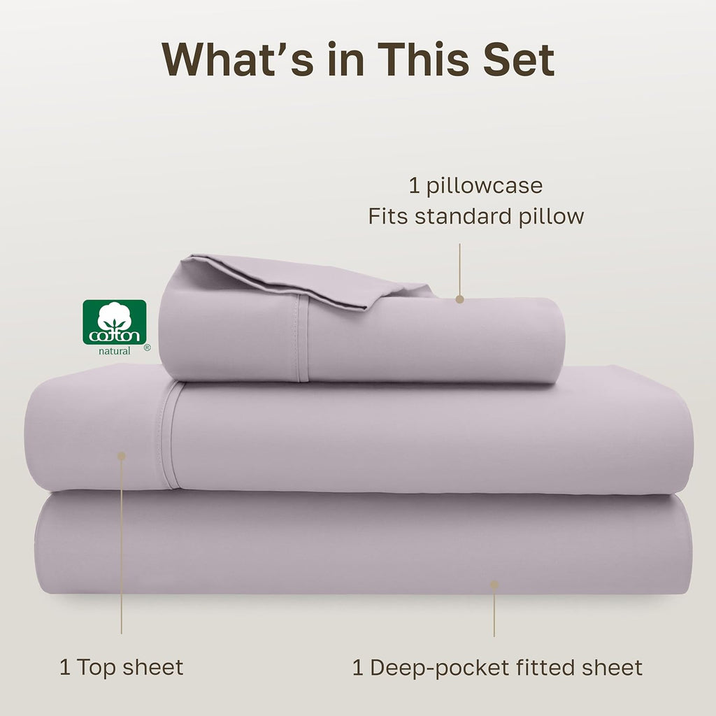 California Design Den Twin XL Cotton Sheet Set - 100% Soft, 400 Thread Count, Award-Winning Sateen Finish | Dusky Lavender Grey