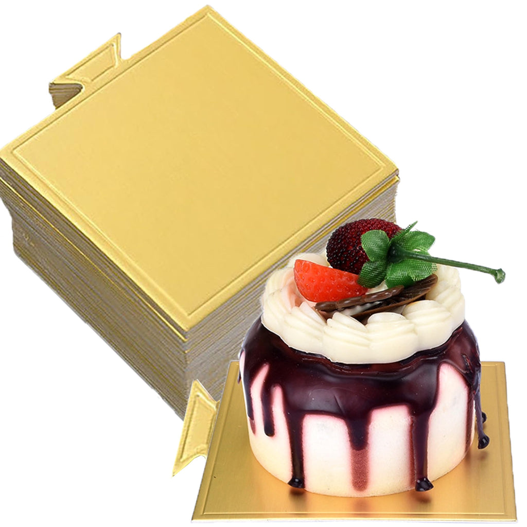 Gold -Square 100pcs 3.6'' Mini Cake Boards Mousse Cupcake Base, Food Grade Cardboard for Cupcakes- for Wedding, displaying cupcakes, mini cakes, Anniversary, Birthday Parties and other pastries.