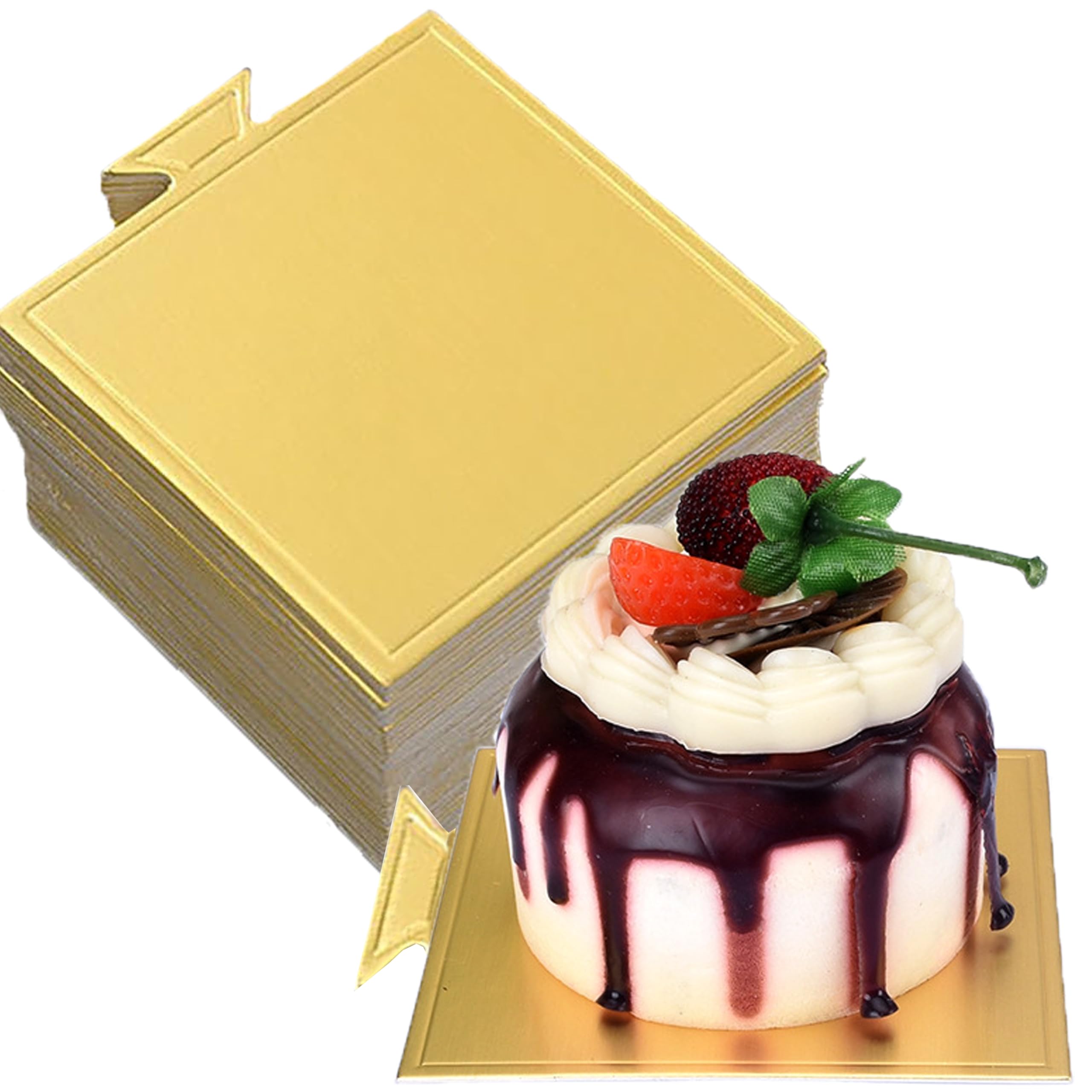 Gold -Square 100pcs 3.6'' Mini Cake Boards Mousse Cupcake Base, Food Grade Cardboard for Cupcakes- for Wedding, displaying cupcakes, mini cakes, Anniversary, Birthday Parties and other pastries.