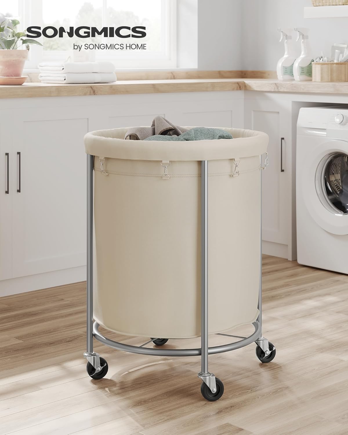 SONGMICS Rolling Laundry Basket - 50.2-Gallon Heavy-Duty Hamper Cart with Steel Frame & Locking Wheels - Cream White & Metallic Silver