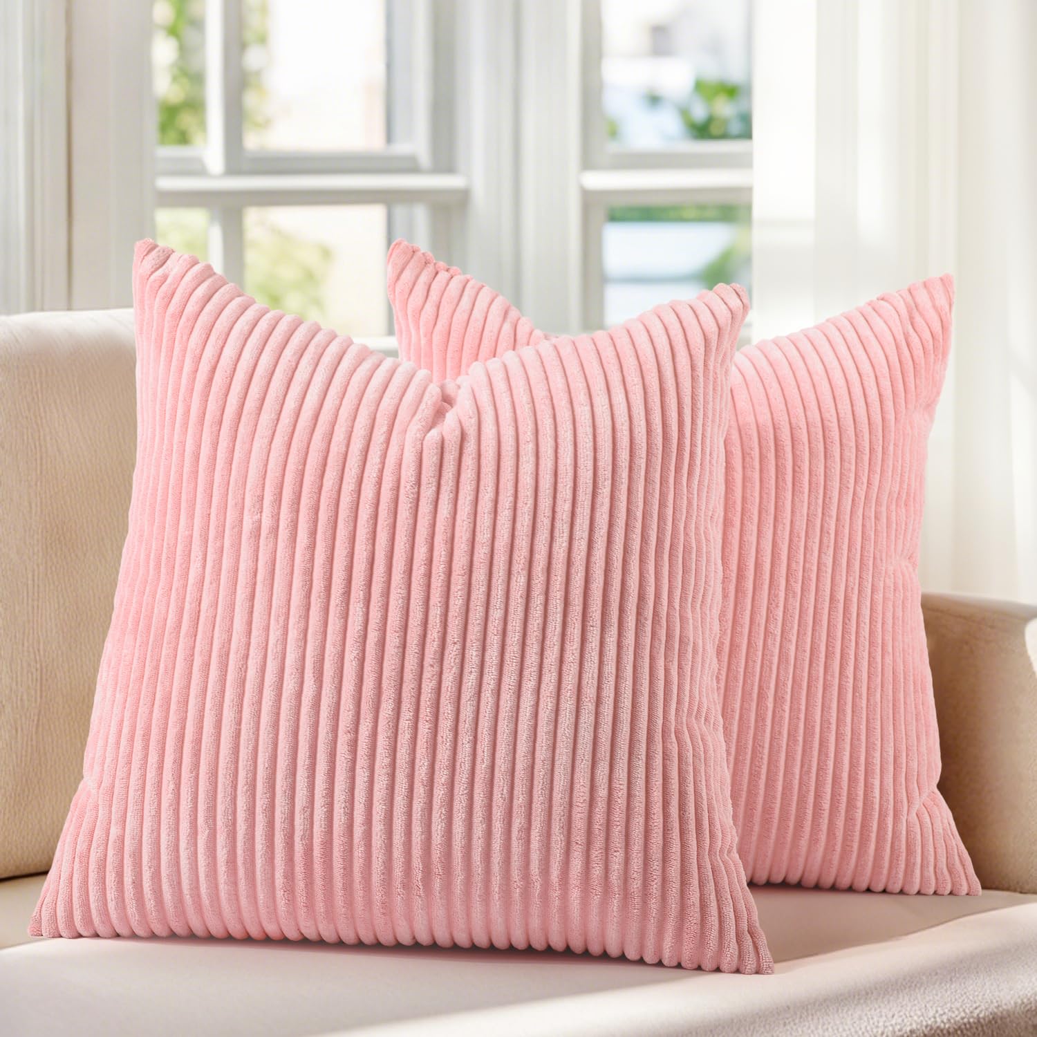 Pack of 2 Sakura Pink Corduroy Decorative Throw Pillow Covers 18x18 Inch Striped Spring Cushion Covers Cozy Boho Pillowcase Farmhouse Home Decor Soft Accent Cushion Case for Couch Sofa Bed 45x45 cm