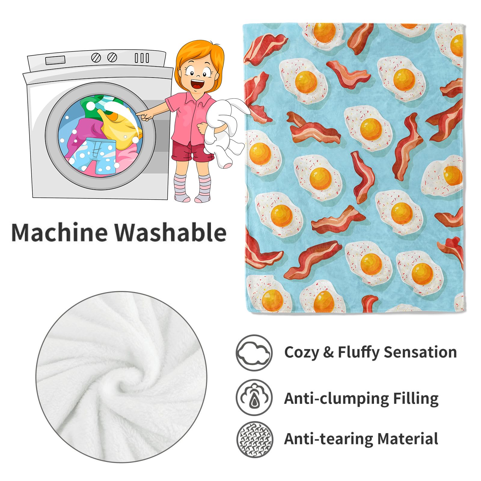 VODRM Bacon and Egg Blanket Fun Food Throw Blankets,Gifts for Kids Woman Girls & Breakfast Lovers,Lightweight Soft Fleece,for Sofa Couch Bed Room Modern Decor 50x60in