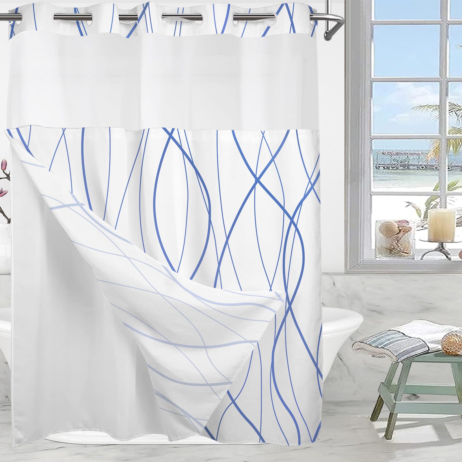 No Hook Shower Curtain with Snap in Liner Set, Black Striped Geometric Shower Curtains for Bathroom Hotel 71x74 Inch