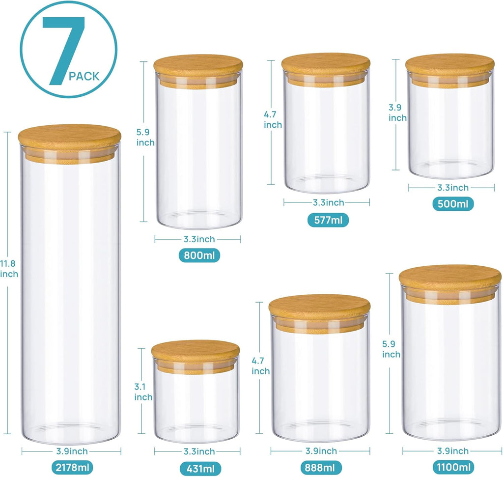 Vtopmart Glass Food Storage Jars - 7 Pack Airtight Kitchen Containers with Bamboo Lids for Pantry Organization